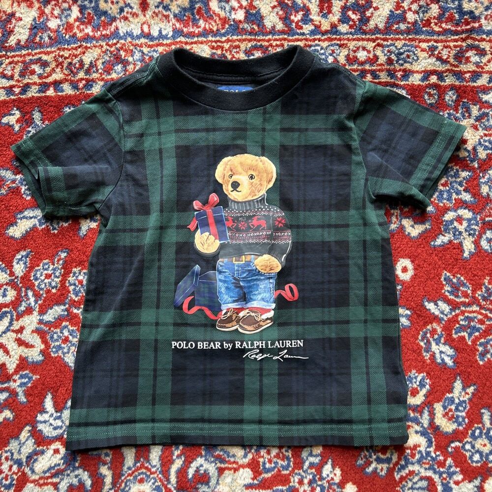 Boys POLO RALPH LAUREN Green Blue Plaid Short Sleeved Polo Bear T-Shirt Size 2T